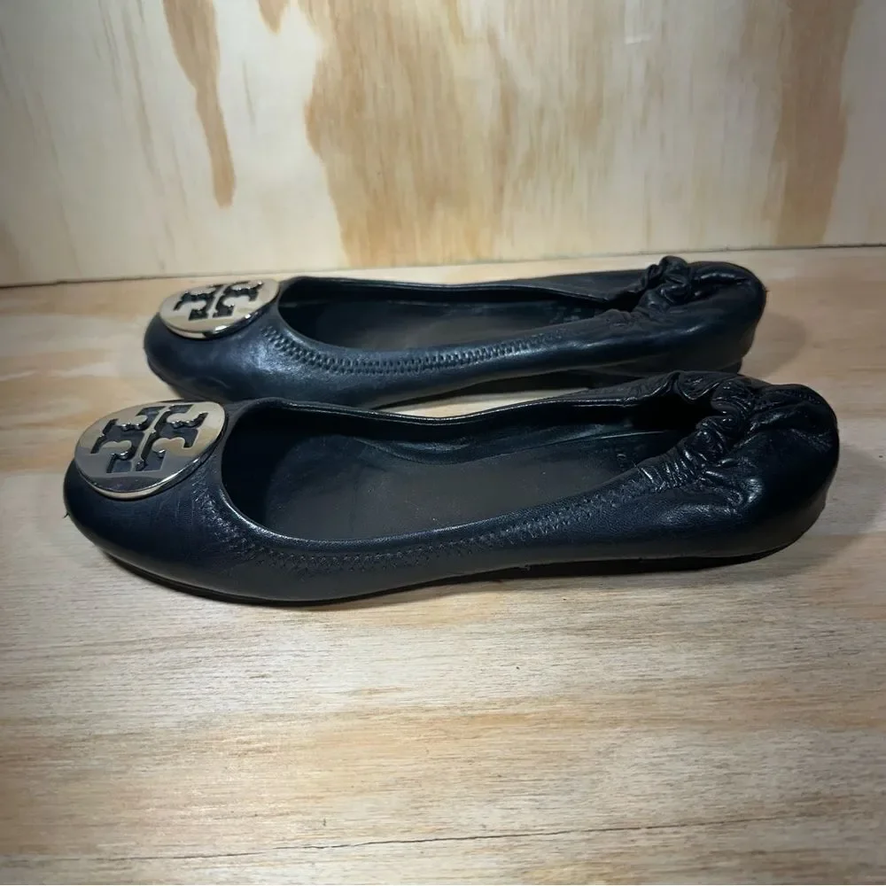 Tory Burch Black Flats with Logo Emblem